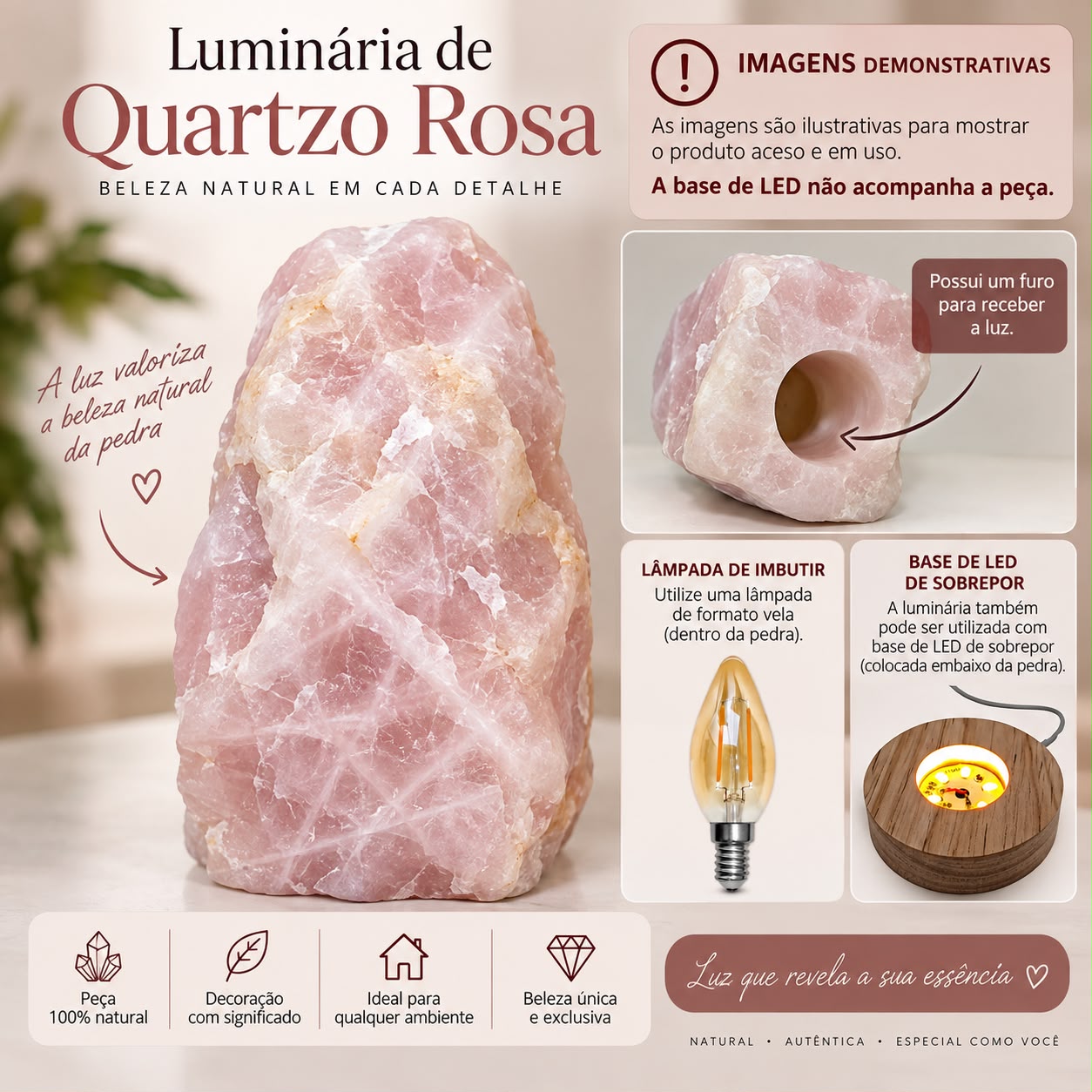 Quartzo Rosa Grande Para Luminária (FURADA) - Imagem 2