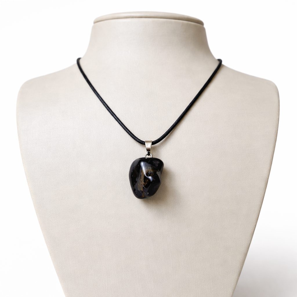 Cordão e Pingente Ônix Pedra Proteção Natural Polida