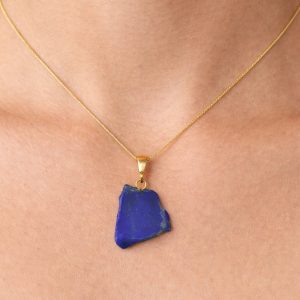 Colar e Pingente Lápis Lazuli Bruto Natural corrente Veneziana Banho Ouro