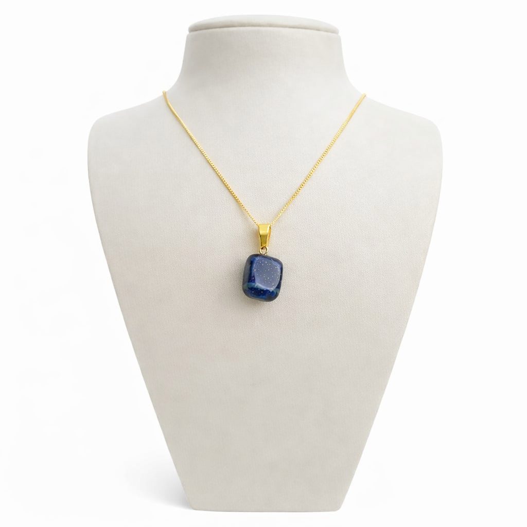Colar e Pingente Lápis Lazuli Natural Polido corrente com Banho Ouro 18ct