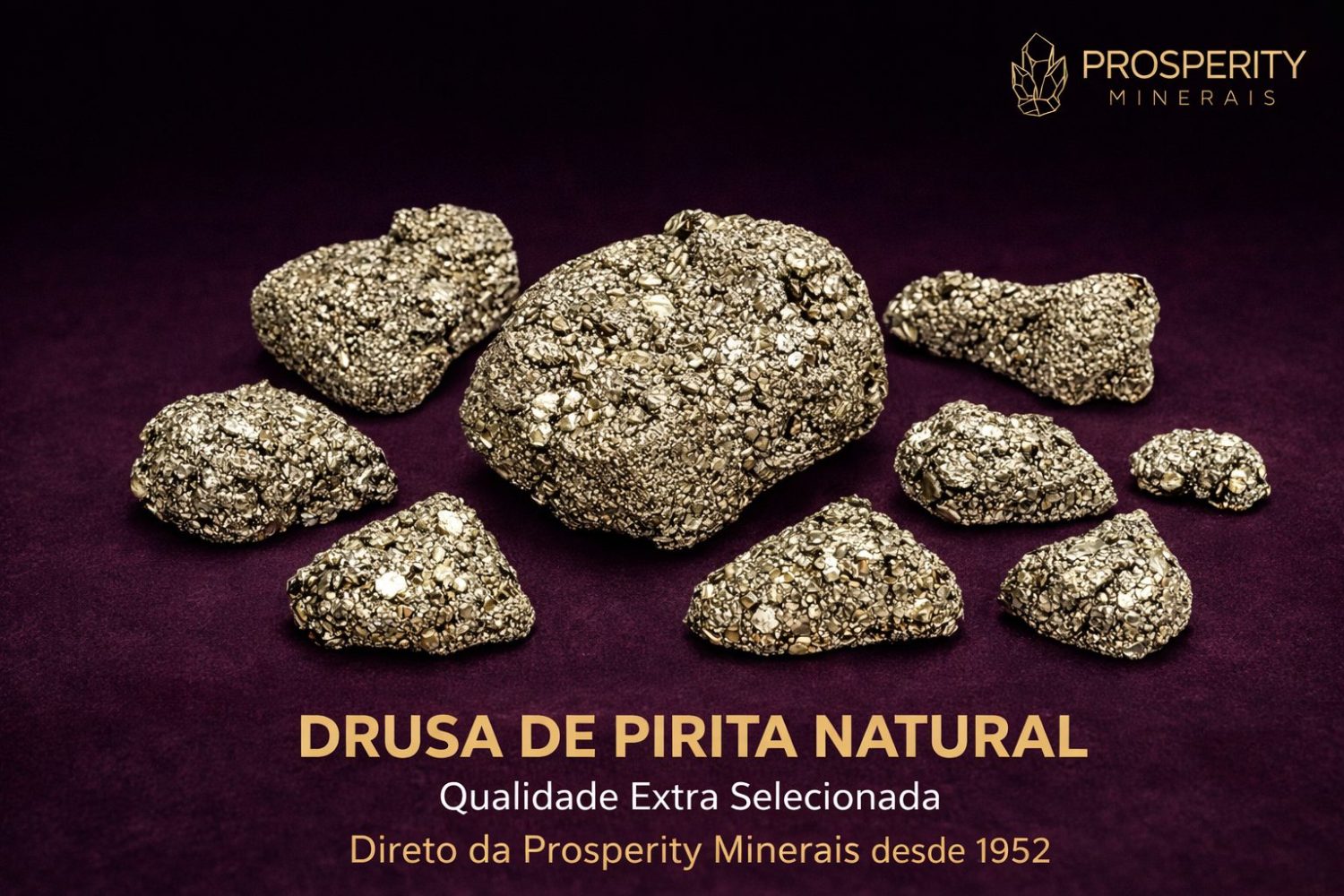 Drusa de Pirita Natural Premium Pedra Bruta com Tamanhos Variados - Prosperity Minerais