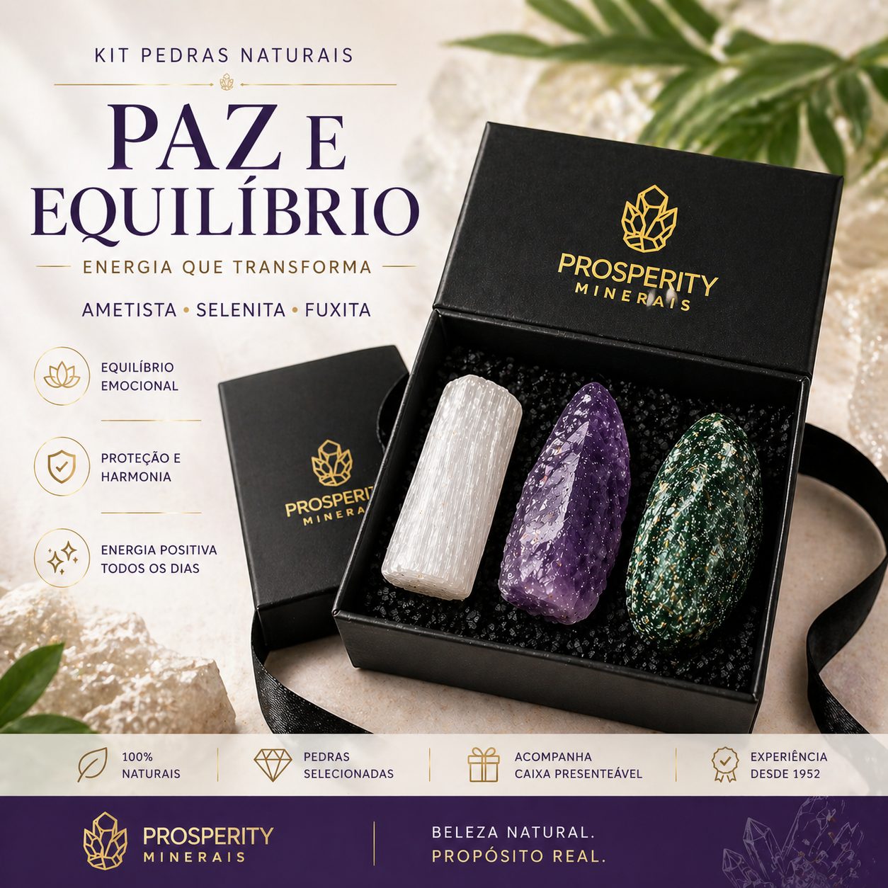 Kit Paz e Equilíbrio com Pedras Naturais – Ametista, Selenita e Fuxita