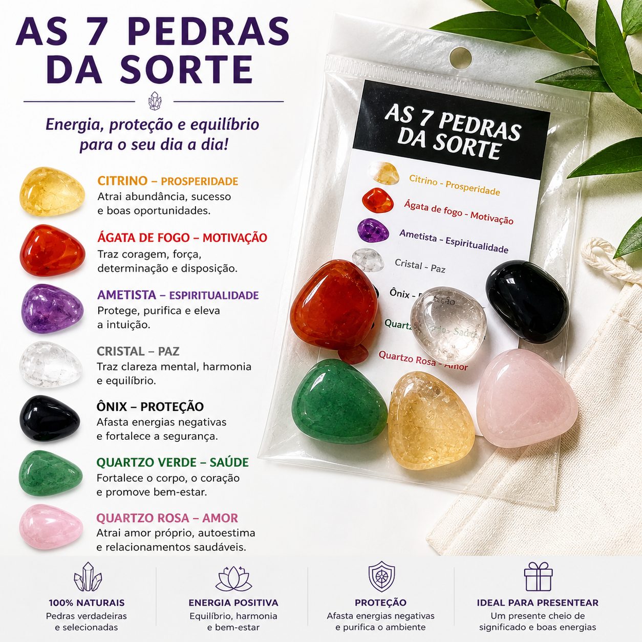 Kit 7 Pedras da Sorte Naturais – Cristais para Energia, Proteção e Equilíbrio