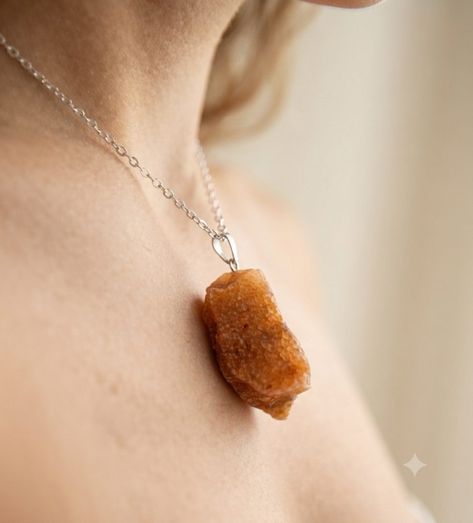Colar com Pingente de Calcita Laranja Natural Cordão Aço Inoxidável - Imagem 4