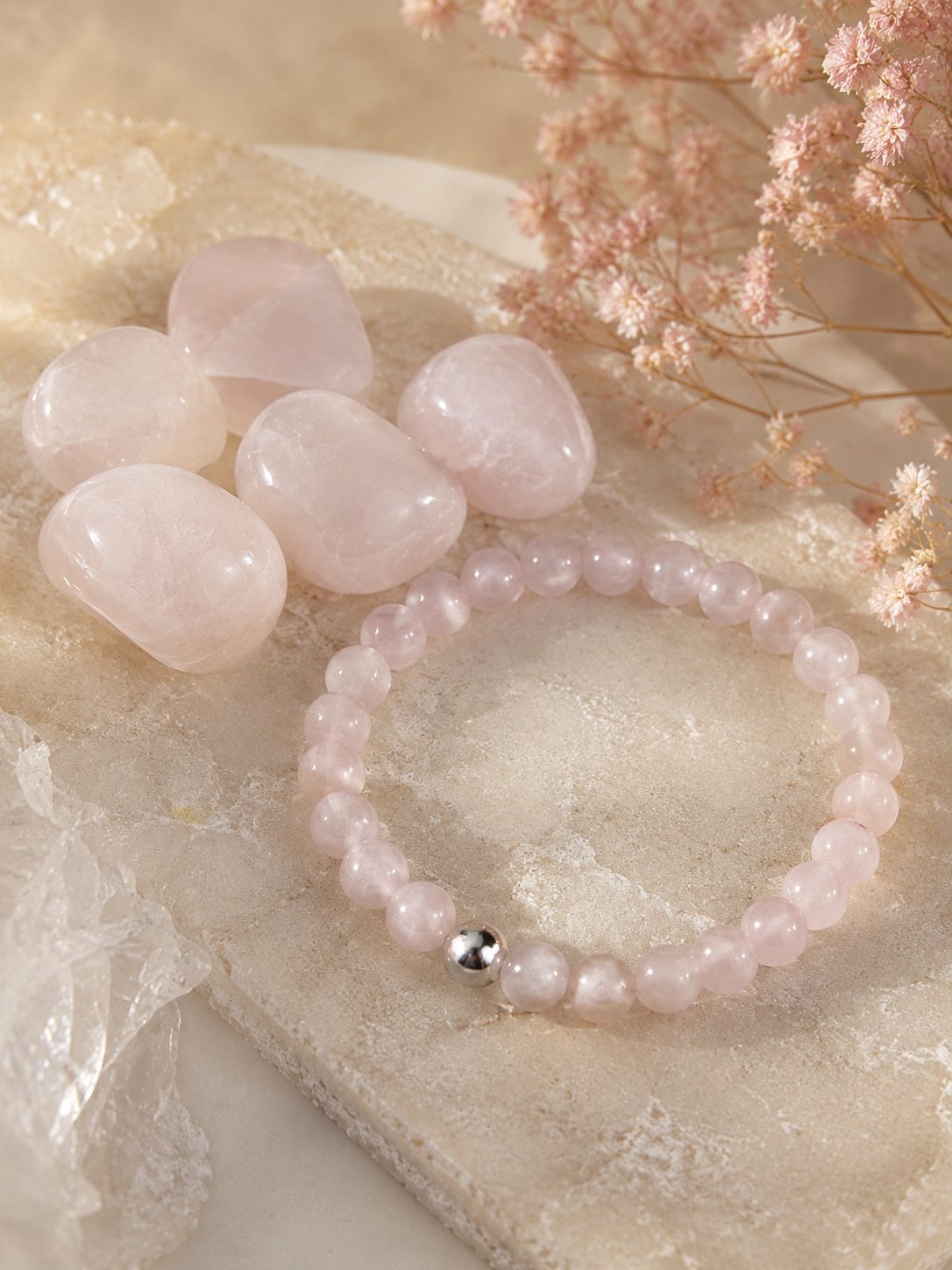 Kit Pulseira E Pedra Rolada De Quartzo Rosa - Imagem 2