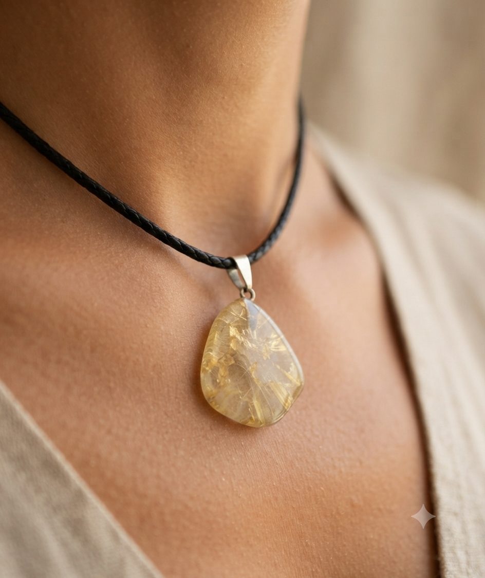 Colar com Pingente de Citrino Rolado Natural – Cordão de Couro Sintético - Imagem 3