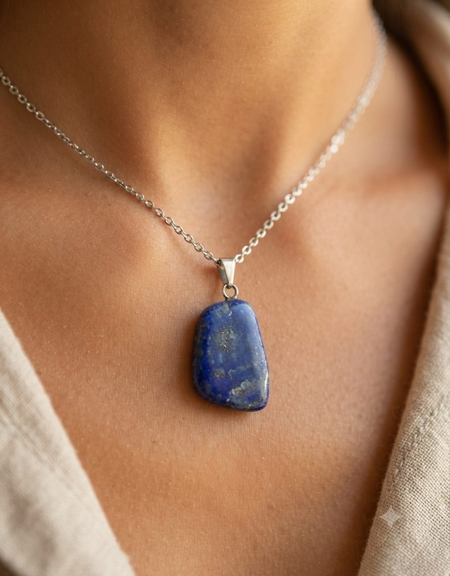 Colar com Pingente de Quartzo Azul Rolado Natural – Corrente em Aço Inoxidável - Imagem 3