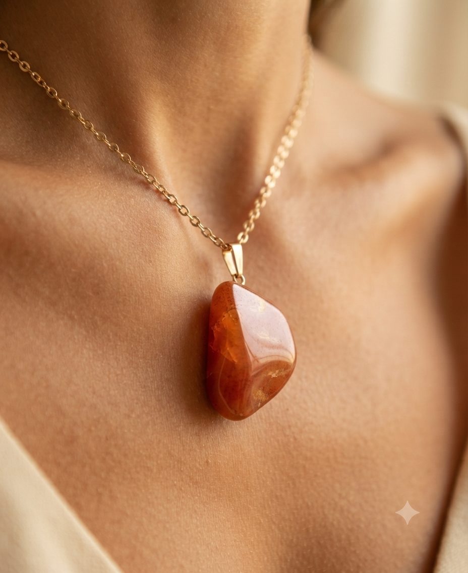 Colar com Pingente de Jaspe Vermelho Rolado Natural – Corrente em Aço Inoxidável - Imagem 3