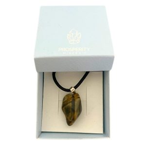 Colar com Pingente de Olho de Tigre Rolado Natural – Cordão de Couro Sintético