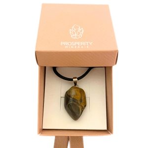 Colar com Pingente de Olho de Tigre Rolado Natural – Cordão de Couro Sintético
